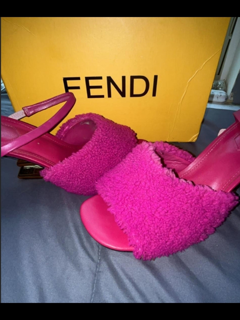 Fendi Hot Pink Shearling Slingback Heels - Picture 1 of 8